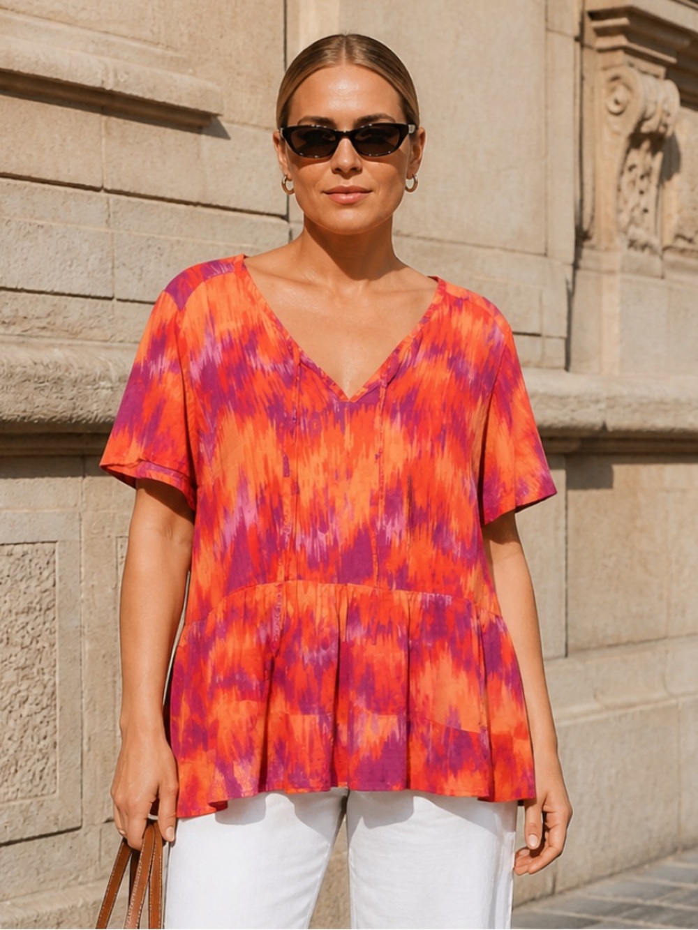 Terra & Sky V-Neck Peplum Tunic in Orange & Purple Tie-Dye